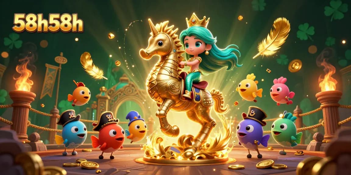Princesa sereia em cena de cassino 58h58h, jogando com moedas douradas e peixes piratas.