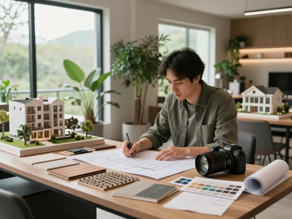 ออกแบบบ้าน with a designer reviewing blueprints in a stylish workshop filled with materials.