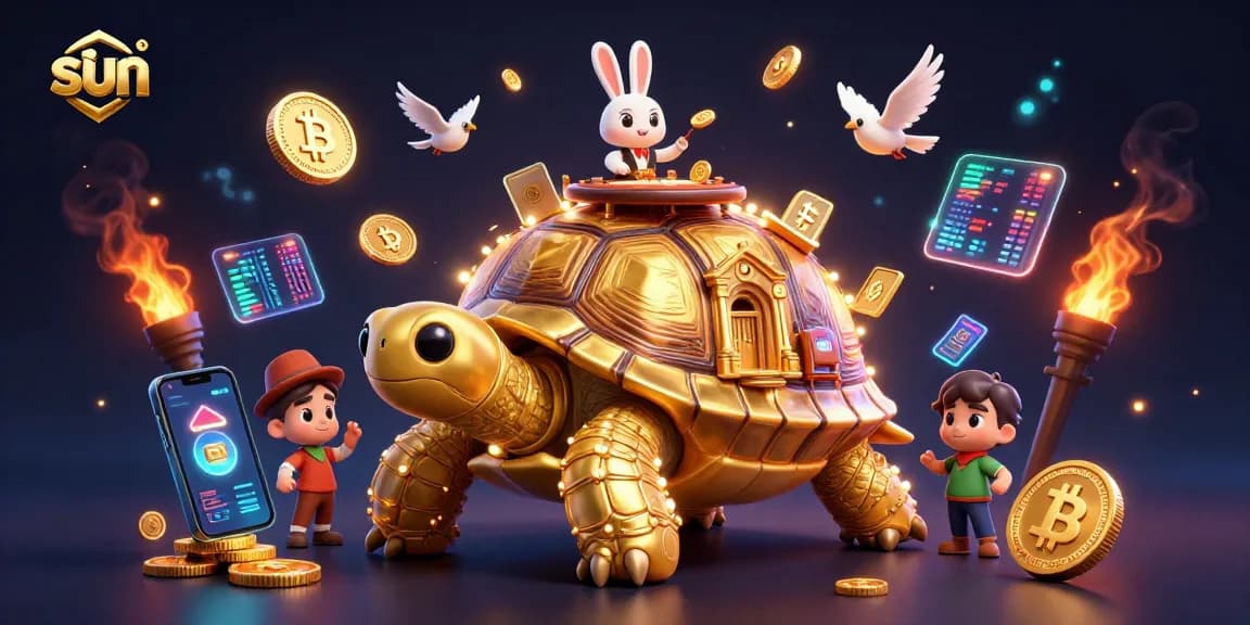 Engage in the captivating world of Sun casino with a vibrant 3D illustration showing a golden tortoise and rabbit dealer.