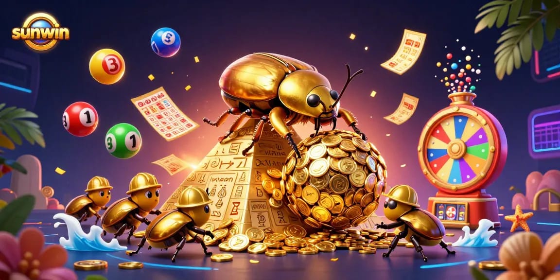 Sunwin attracts players with a vibrant 3D scene of a golden beetle rolling coins amid dynamic gaming elements.
