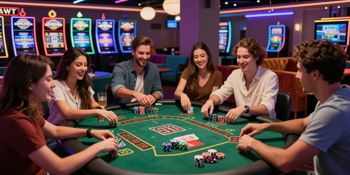 Joueurs heureux participant à un casino en ligne, jouant à des jeux comme blackjack et machines à sous dans une atmosphère vibrante et colorée, casino en ligne au top.