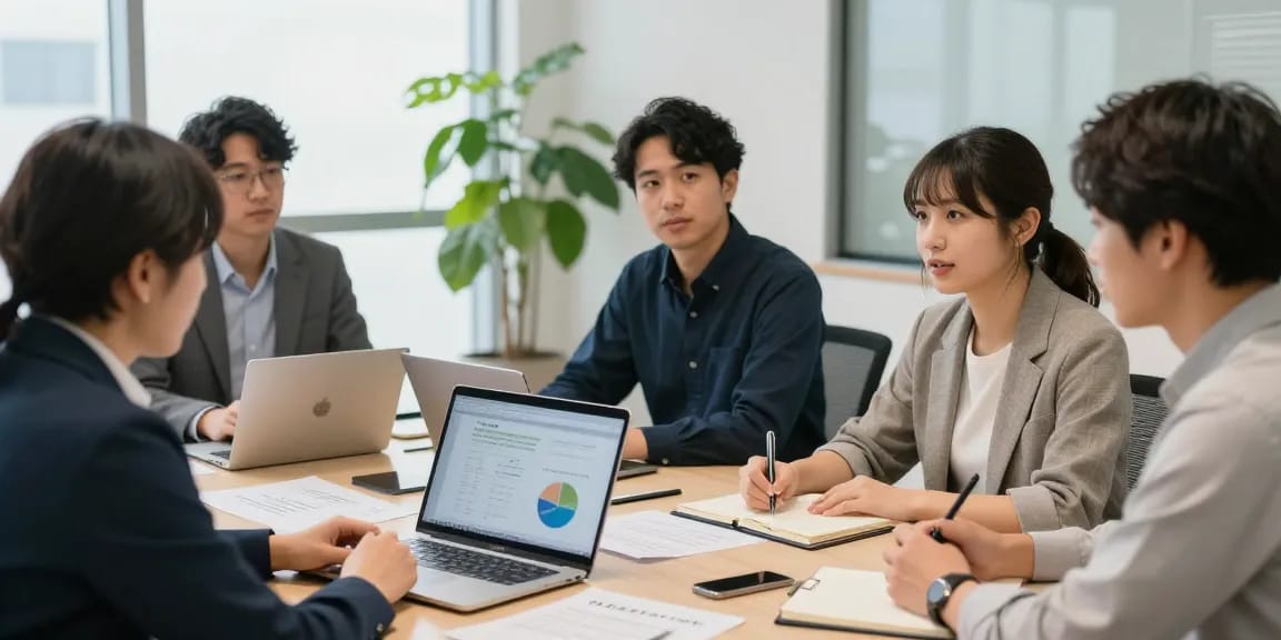 現代的なコンサルティングミーティングでの、みん社保の利点について話し合うチーム。