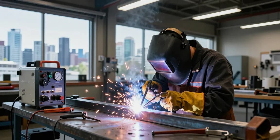 Welding in Vancouver – skilled welder performing MIG welding in a vibrant workshop.