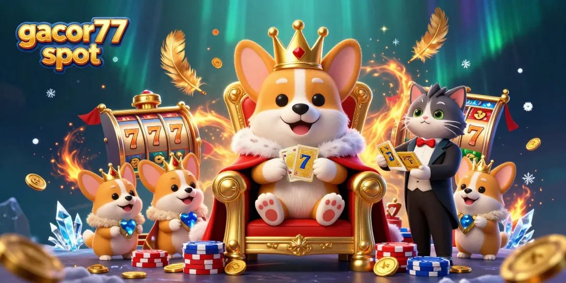Slot gacor77 menampilkan ilustrasi kartu emas dan corgi raja di latar belakang kasino yang menakjubkan.