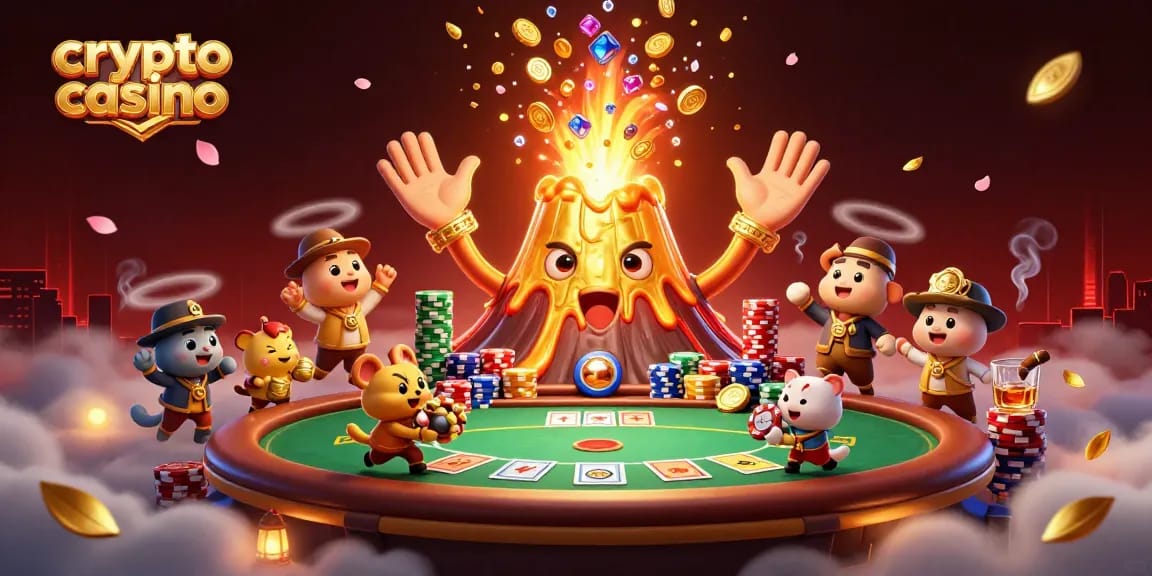Plongez dans l'univers du crypto casino où un volcan doré crache des trésors et des animaux explorateurs s'enfuient avec des richesses.