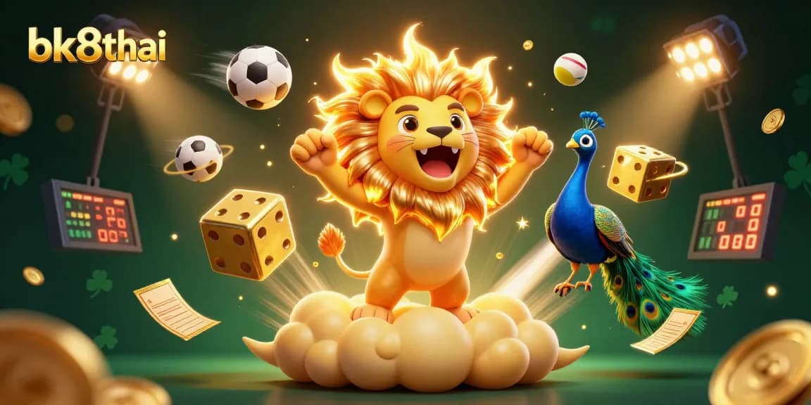 Experience thrilling gaming with bk8thai, featuring dynamic sports elements and a sun lion mascot.