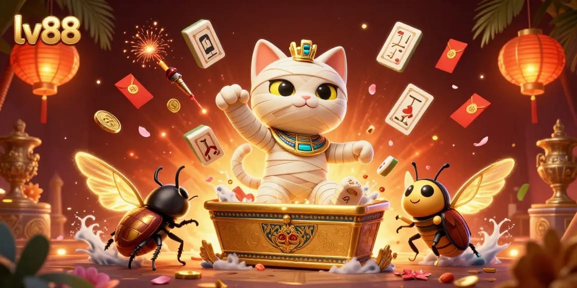 Experience exhilarating gaming at lv88 with the mummy cat and its scarab companion in a vibrant casino scene.