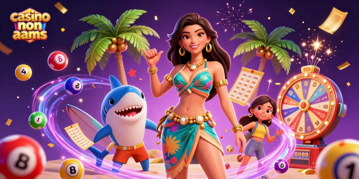 Interagisci con i casino non AAMS in questa vivace scena 3D che presenta giochi, elementi di lotteria e un'atmosfera festosa.
