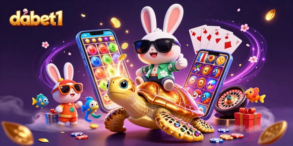 Experience dabet1's thrilling adventures with a lucky rabbit and golden sea turtle in an exciting casino scene.