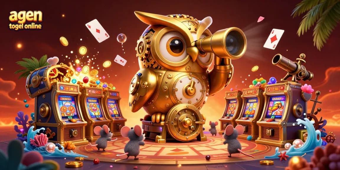 Engage with agen togel online amidst a dynamic casino scene featuring a golden owl and treasures.