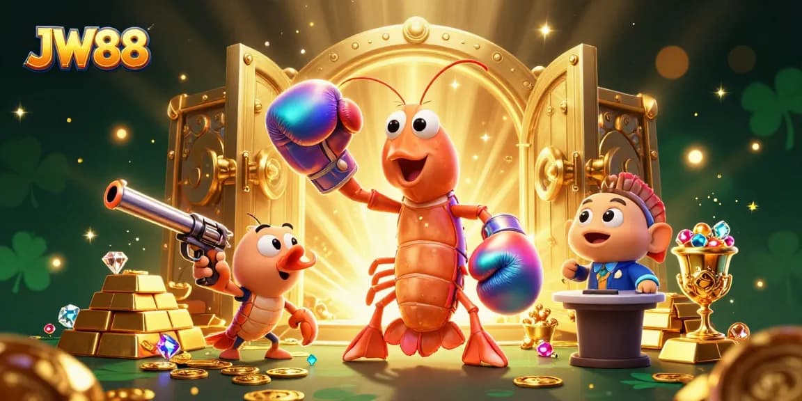 Experience dynamic action with JW88 in a vibrant 3D casino illustration featuring treasure and exciting game elements.