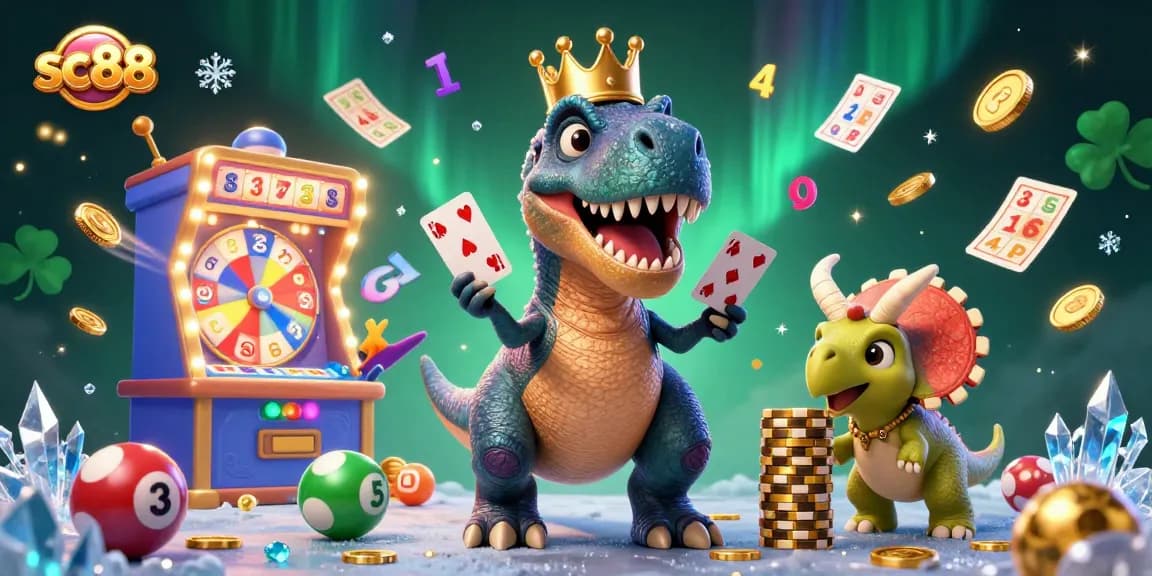 sc88 promotes excitement in the lottery world with a playful dinosaur scene and dynamic elements.