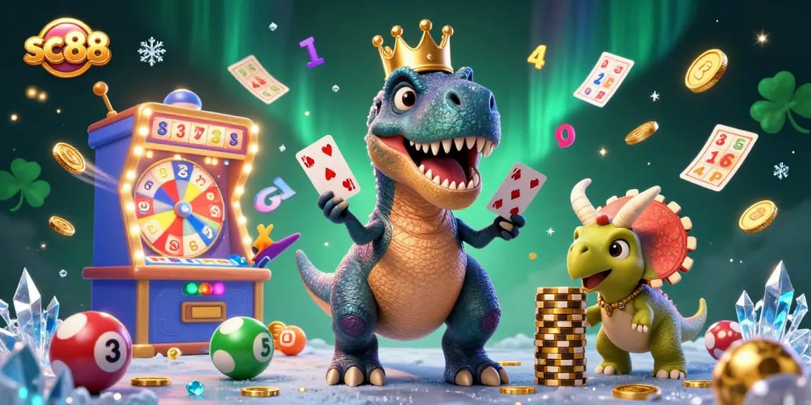 sc88 promotes excitement in the lottery world with a playful dinosaur scene and dynamic elements.
