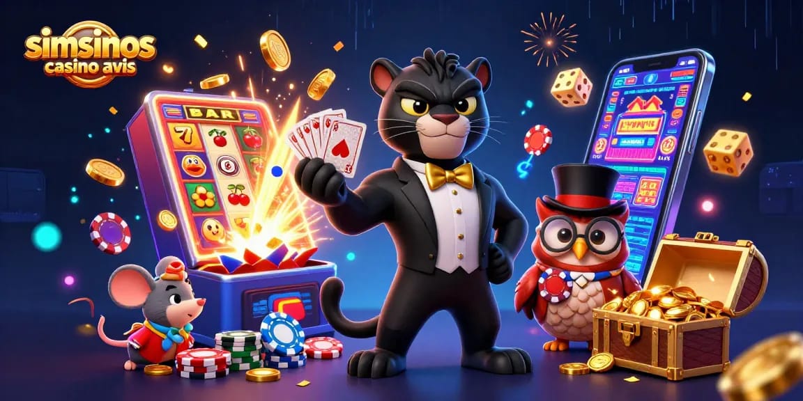 Les joueurs examinent les avis sur le casino Simsinos avec un visuel de machines à sous et des éléments de jeu.