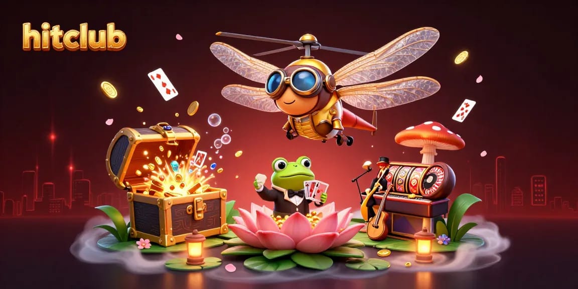 Hitclub's dynamic casino scene features a dragonfly pilot and frog croupier in action.