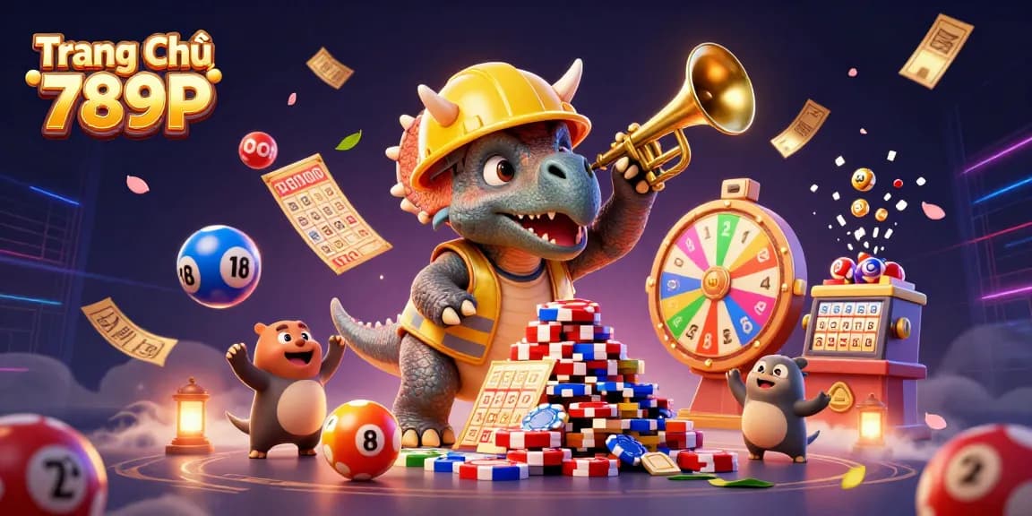 Cheerful scene with a triceratops building poker chips at Trang Chủ 789P, surrounded by dynamic gaming elements.