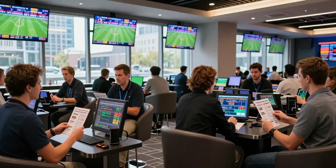 Ambiance de bookmaker sans limite de mise, avec parieurs discutant et écrans d'événements sportifs.