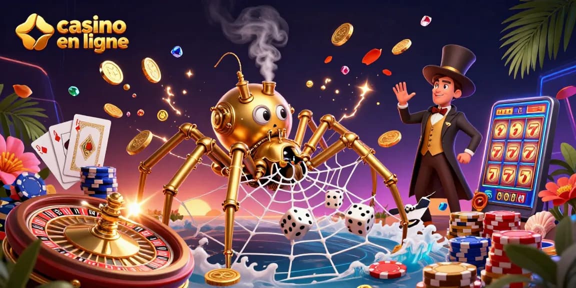 Jouez à des machines à sous et aux jeux de table sur casino en ligne avec une illustration dynamique d'une araignée steampunk.