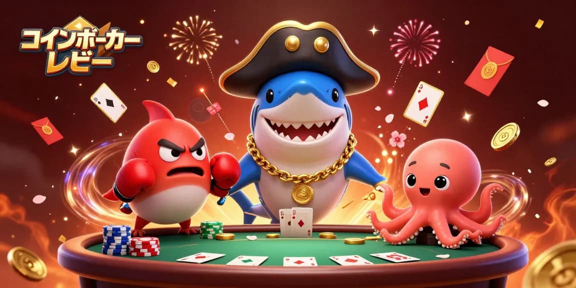 コインポーカー レビューをテーマにしたキャラクターたちが競い合い、ポーカーチップやカードが舞うシーンを描いたイラスト