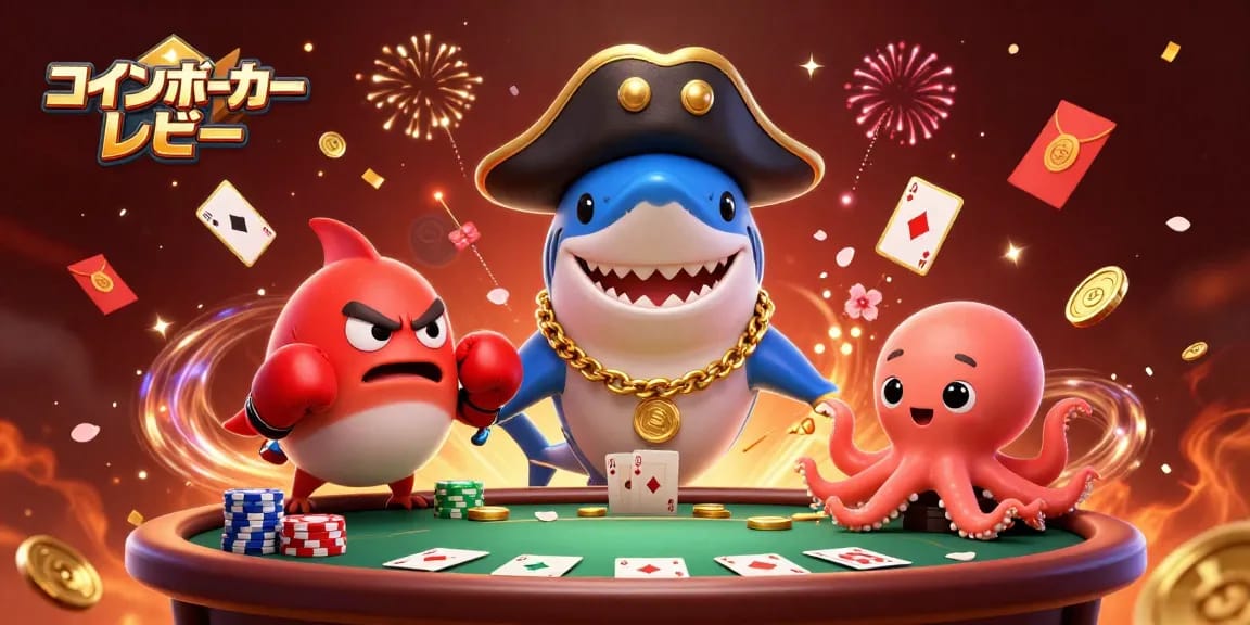 コインポーカー レビューをテーマにしたキャラクターたちが競い合い、ポーカーチップやカードが舞うシーンを描いたイラスト