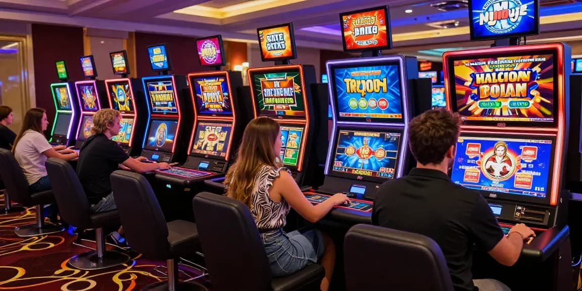 Scène de casino en ligne montrant des joueurs engagés avec des machines à sous et des jeux de table.