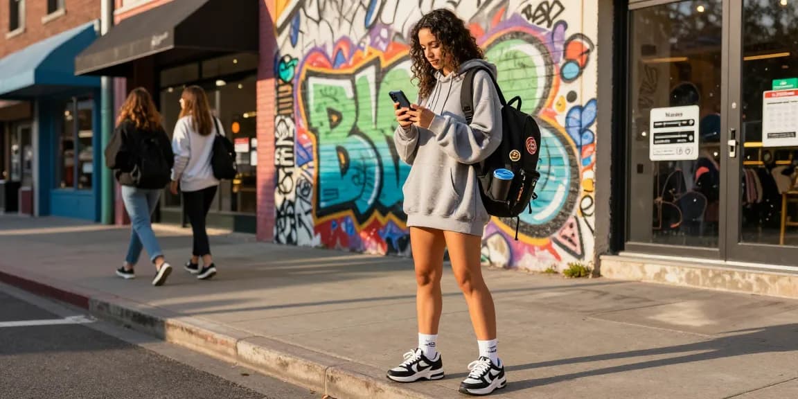 Influencer using Kakobuy spreadsheet in trendy streetwear attire against a vibrant urban backdrop.