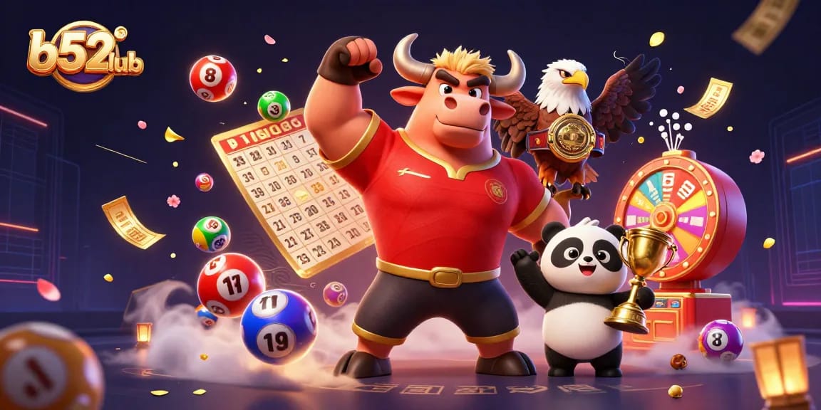 Experience thrilling rewards at b52club with vibrant lottery elements and animated characters.
