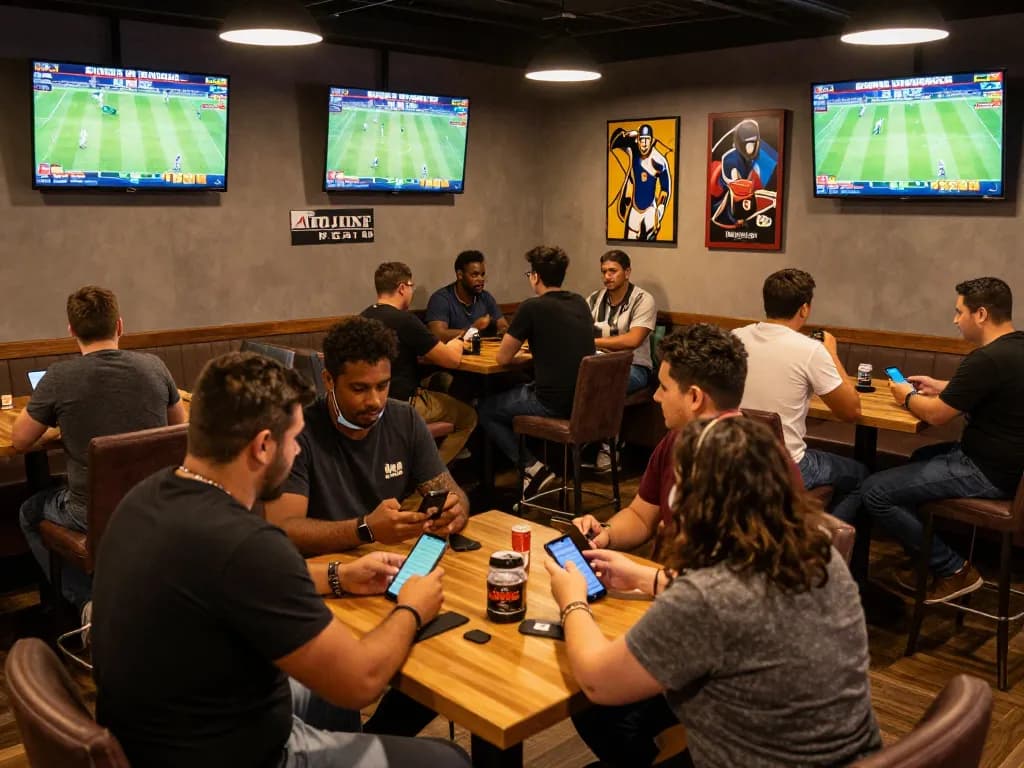 Betting enthusiasts enjoy superjp strategies while engaging in lively discussions at a sports lounge.
