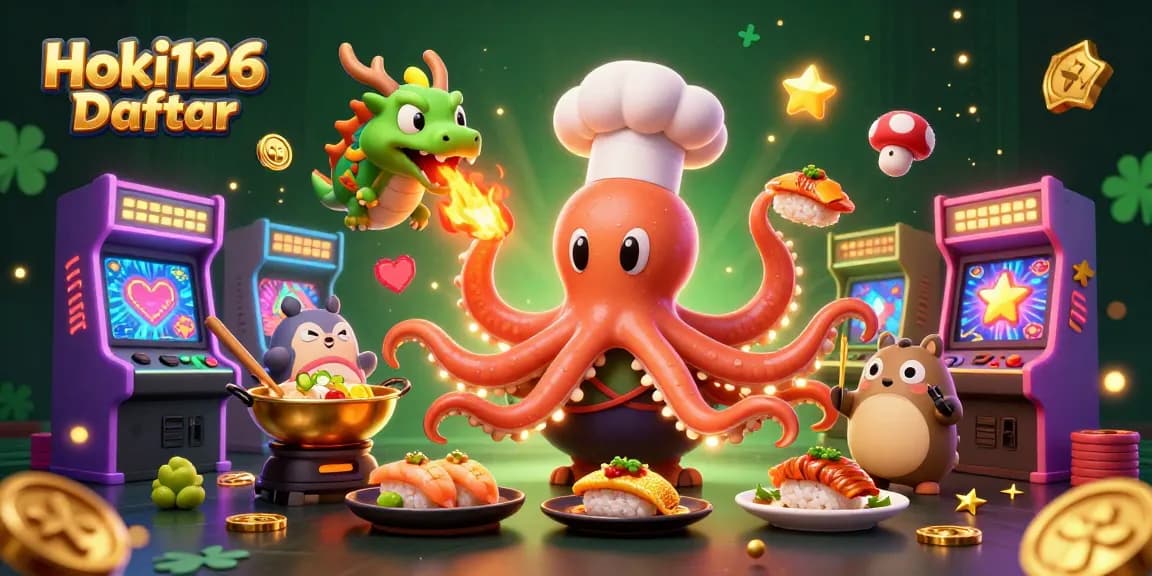 Engage with Hoki126 Daftar at a vibrant casino scene featuring an octopus chef and gaming action.