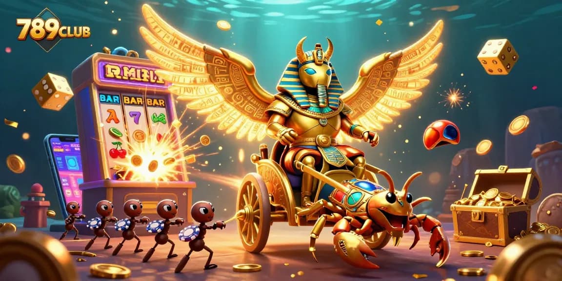Experience thrilling jackpots at 789CLUB with a vibrant gaming scene featuring a golden scarab and dynamic slot machine.