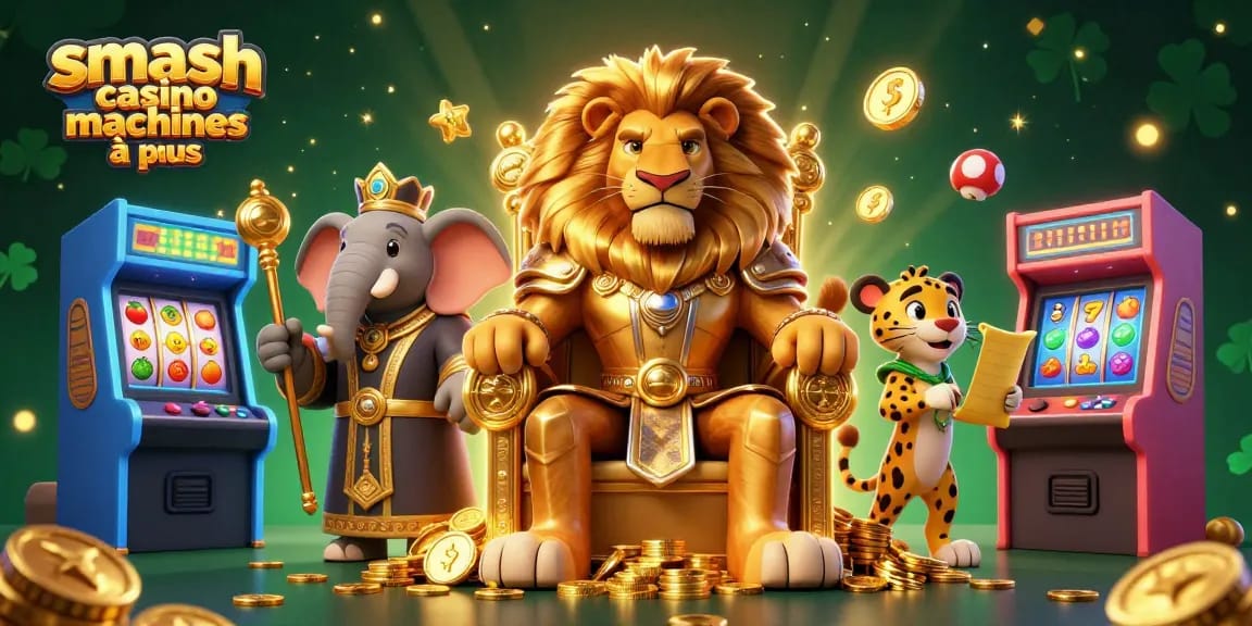Découvrez les machines à sous Smash Casino dans une illustration captivante avec des lions et des éléphants.