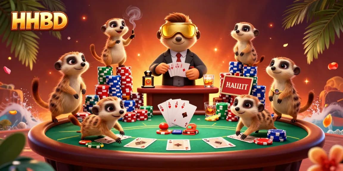 HHBD meerkats managing a lively casino with vibrant poker elements and colorful decorations