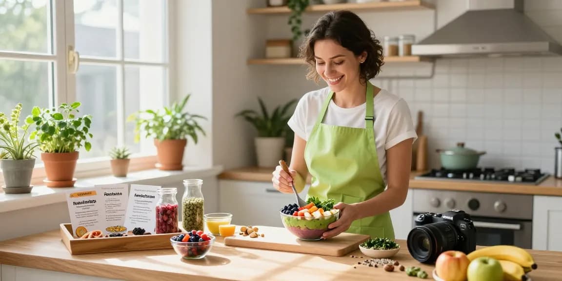 Bright kitchen scene with a nutritionist preparing healthy smoothie bowls, showcasing vibrant fruits and a focus on health.