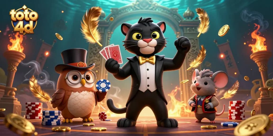Toto 4D gameplay experience with a stylish panther dealer, owl with poker chips, and lucky mouse among immersive casino elements
