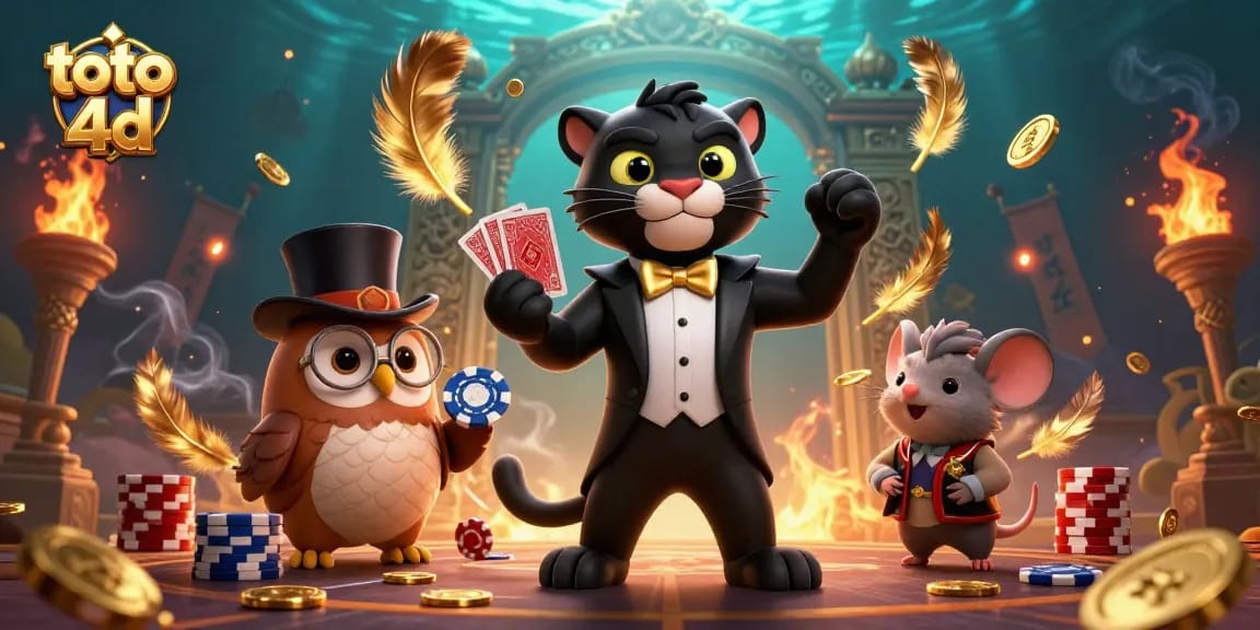 Toto 4D gameplay experience with a stylish panther dealer, owl with poker chips, and lucky mouse among immersive casino elements
