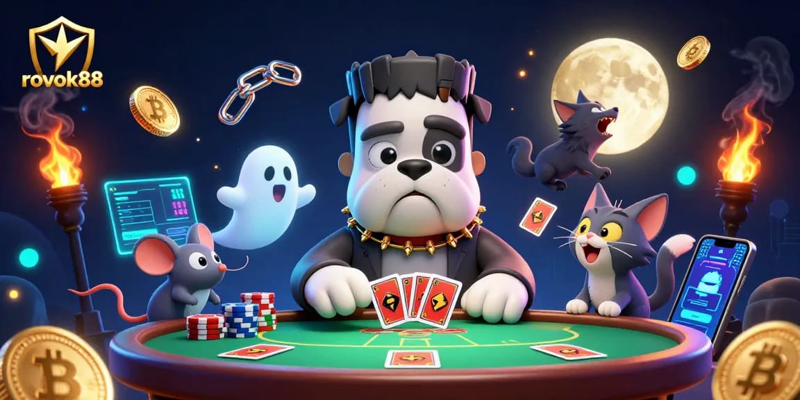 Engage in thrilling poker with rokok88 as a Frankenstein bulldog and ghost mouse elevate the stakes!