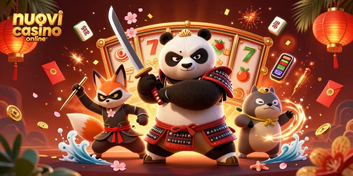 Gioca nei nuovi casino online con il panda guerriero e la volpe ninja in un'illustrazione vivace.