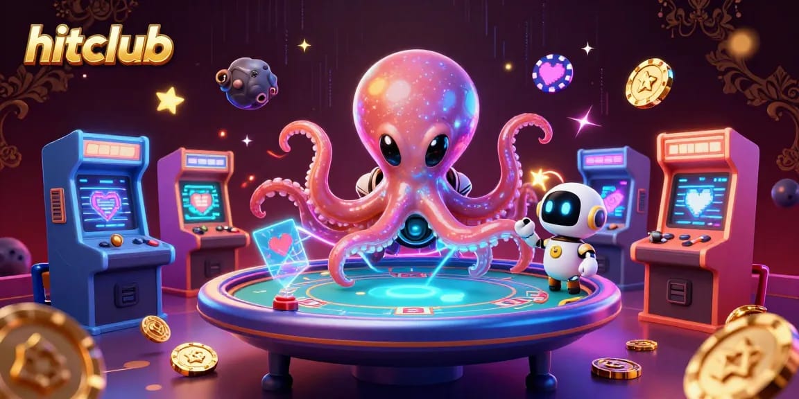 Engage in thrilling gameplay at hitclub with a vibrant alien octopus and robot at a holographic poker table.