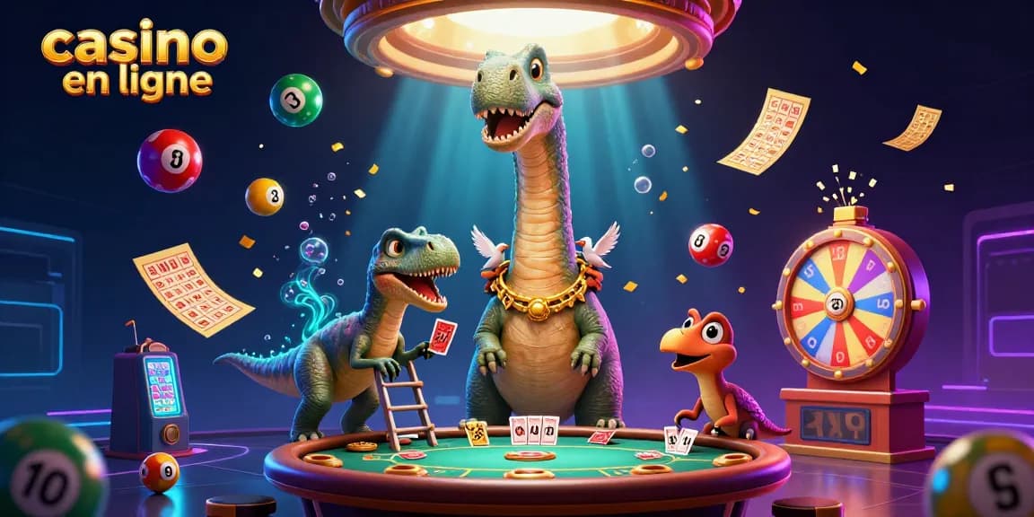 Jouer au casino en ligne avec un brontosaurus géant et un raptor dealer de cartes, ambiance captivante.