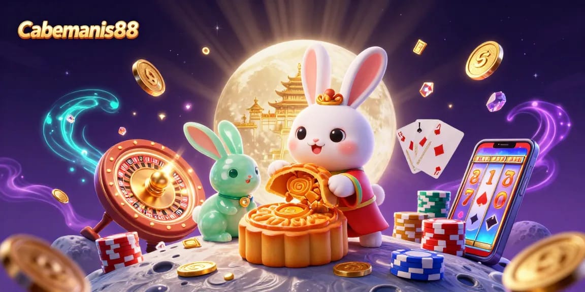 Cabemanis88 offers an exciting casino experience with a vibrant moon-themed gaming illustration.