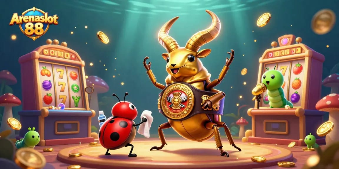 Arenaslot 88 showcases a thrilling slot machine battle scene with unique characters in a vibrant casino setting.