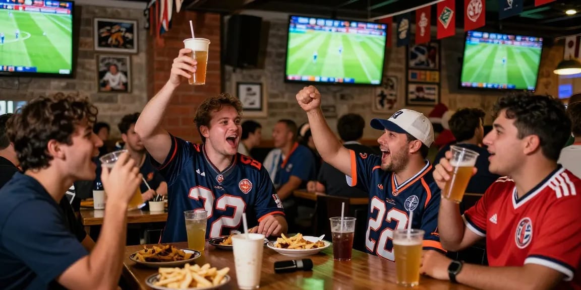 Nonton bola di bar olahraga dengan penggemar meriah, menonton pertandingan dengan semangat.
