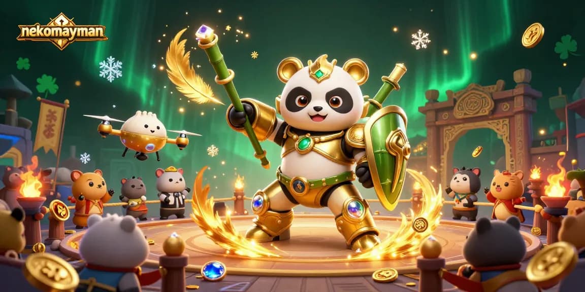 Spin jackpots in Neko May Mắn with vibrant golden panda in a lively casino arena.
