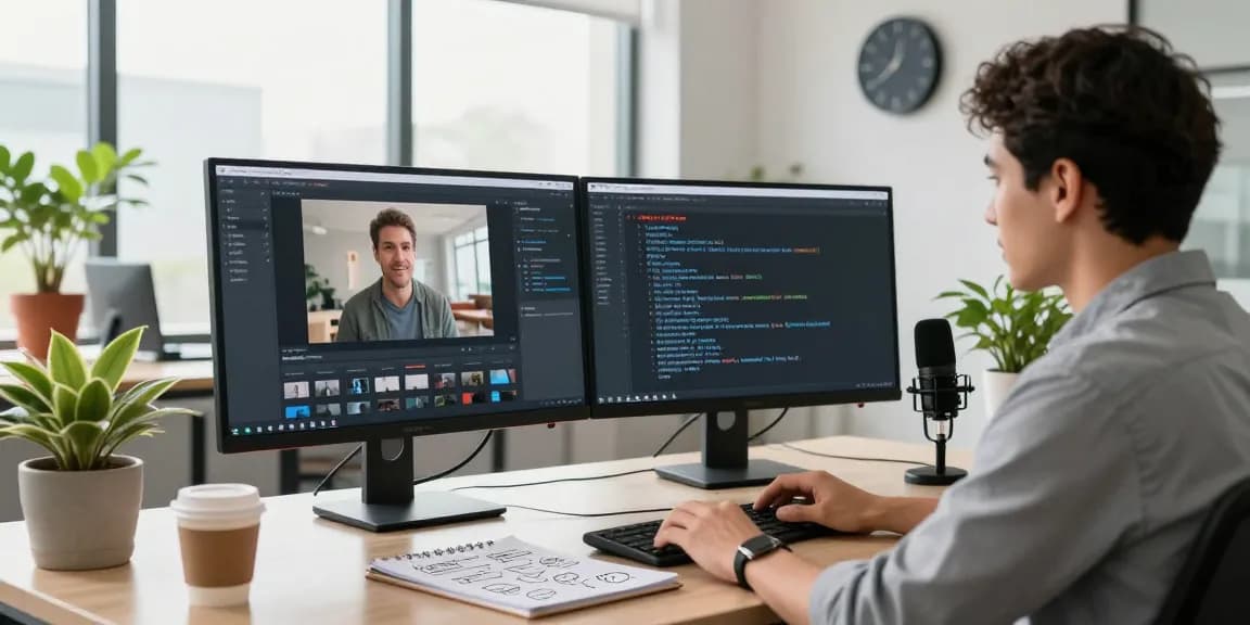 Generate accurate video prompt AI descriptions in a modern office setup with dual monitors highlighting the advanced video analysis process.