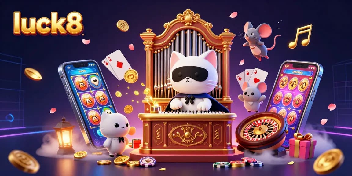 Play exciting games at luck8's colorful casino featuring thrilling slots, acrobats, and vibrant elements.