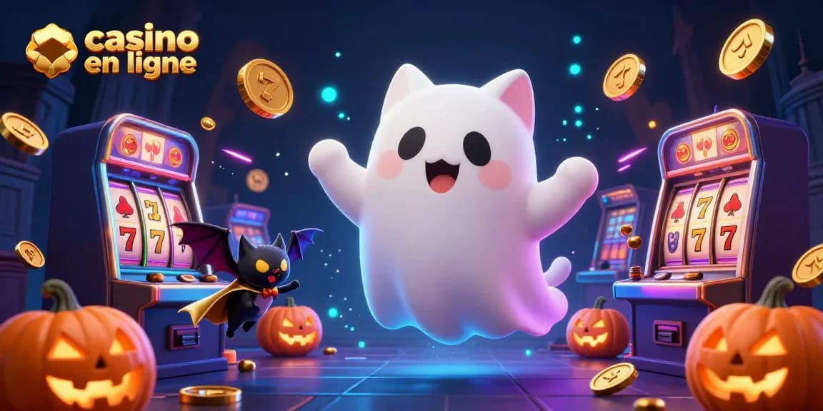 Action de gagner au casino en ligne avec un chat fantôme et des symboles brillants.