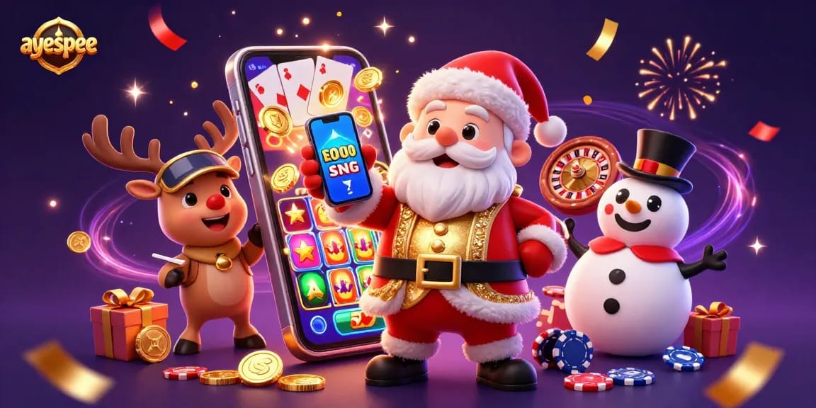 Ayakan jackpot dengan Santa Claus dan teman-teman di kasino digital ayespee yang menampilkan slot dan koin emas.