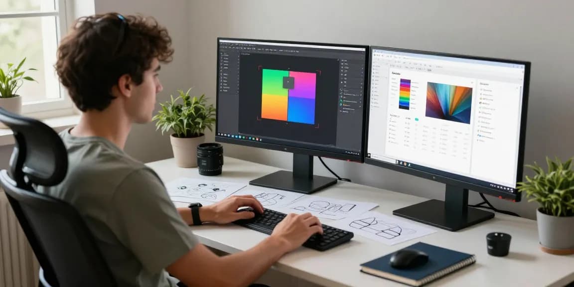 Developer using Snipaste screenshot tool on dual monitors to enhance productivity in a modern office.