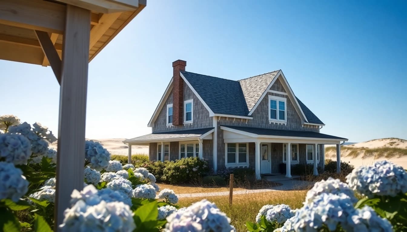 Elegant cape cod homes featuring coastal design and vibrant hydrangeas, embodying tranquility and charm.