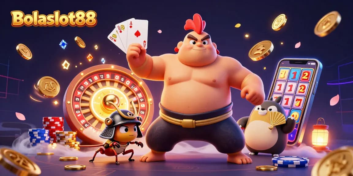 Bolaslot88 features dynamic 3D casino illustration with an energetic sumo rooster and charms of casino games.